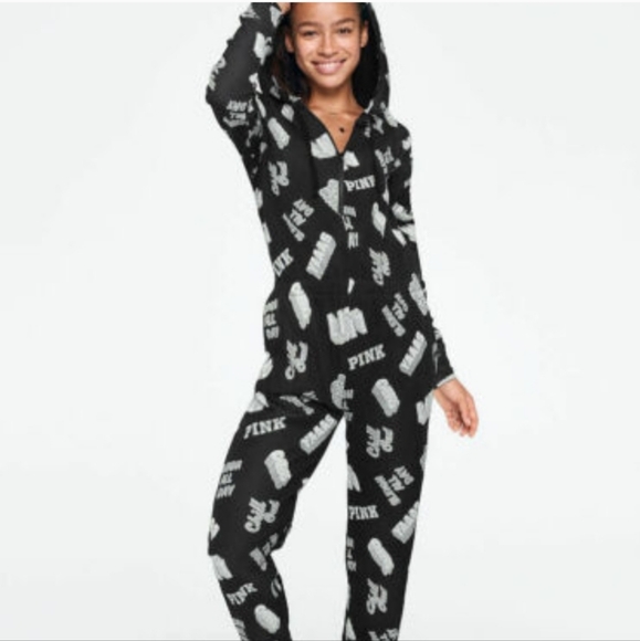 VICTORIA'S SECRET PINK SHERPA Hood Onesie PJ Zip - Picture 1 of 4